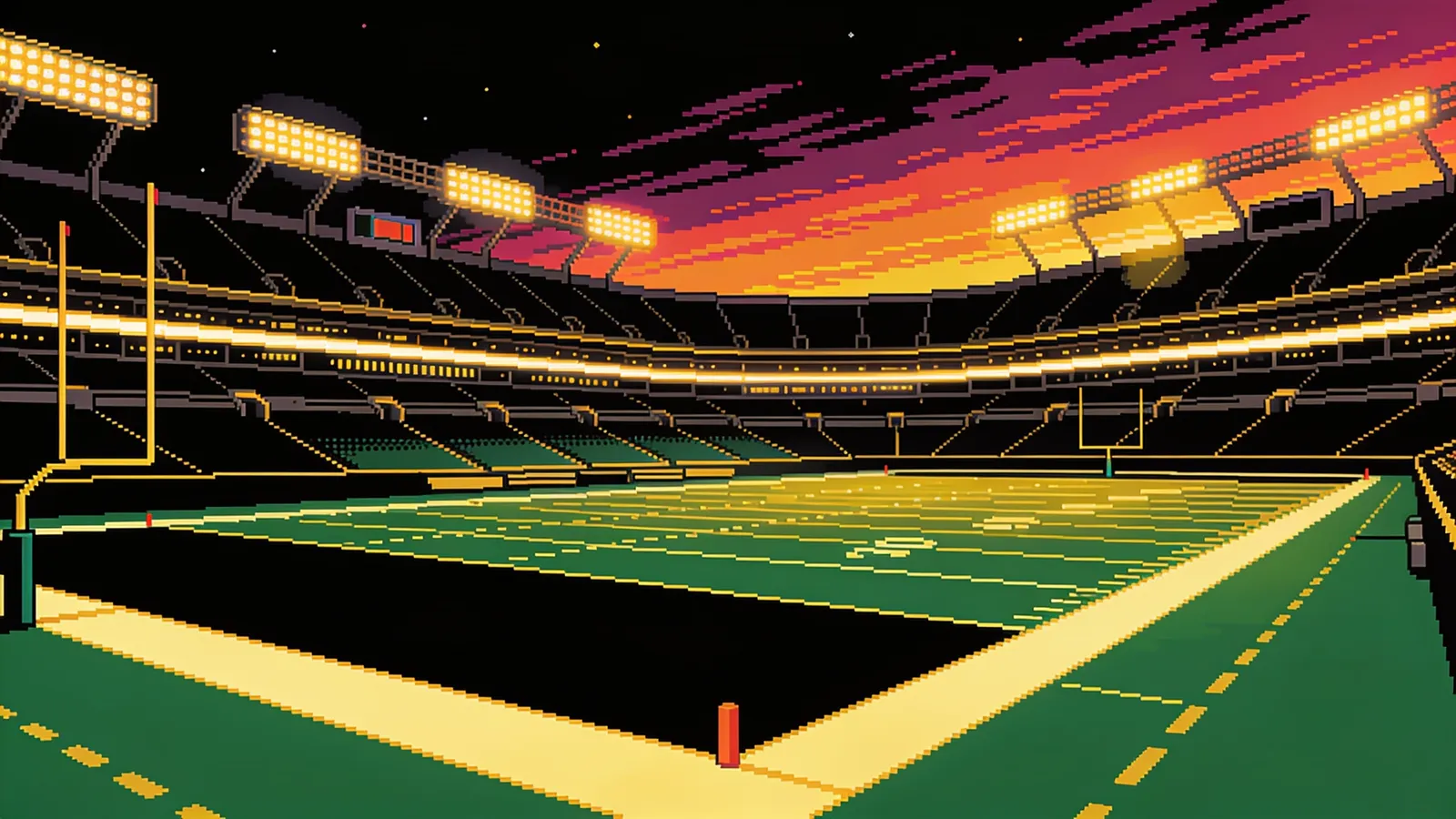 An empty stadium under floodlights at dusk.