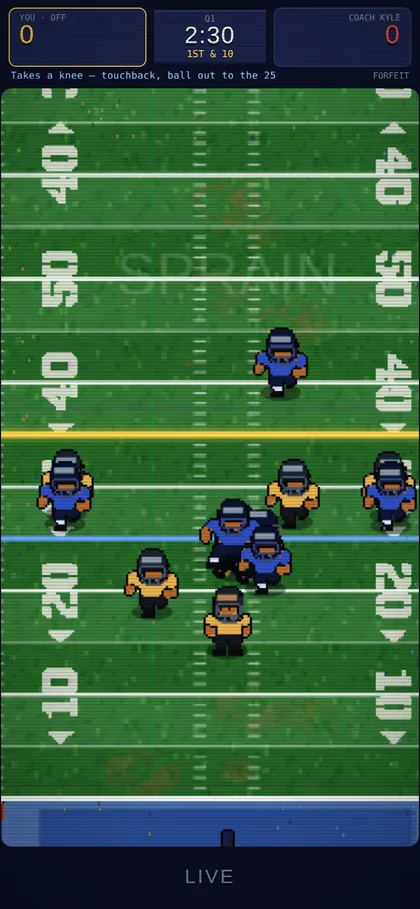 A live snap: the camera has zoomed in and both teams are running the play out.